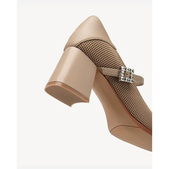 🆕 Women Chunky Mid Block Heels Mary Jane Rhinestone Buckle Strap Apricot Mesh - Picture 4 of 5